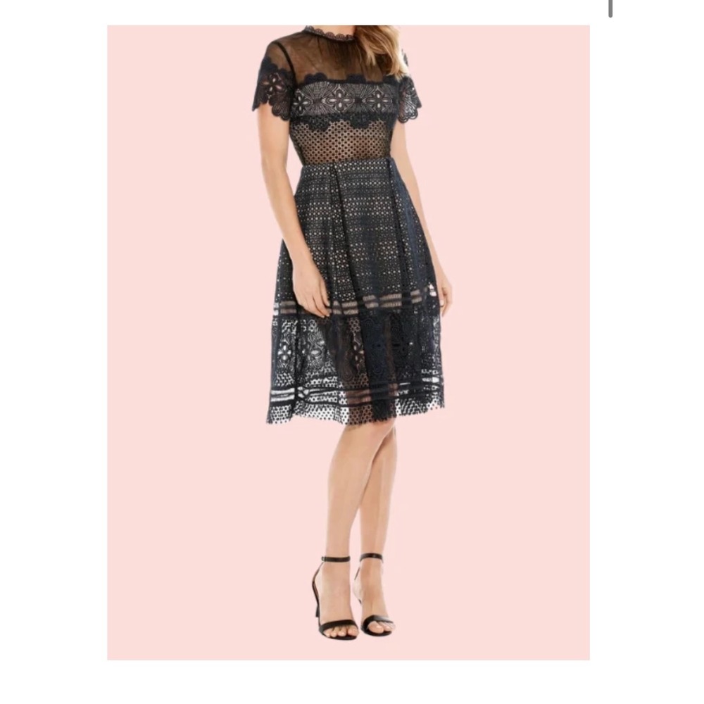 Self-Portrait Felicia Dress Women US 4 Navy Blue Lace Mesh Midi SP8-017N